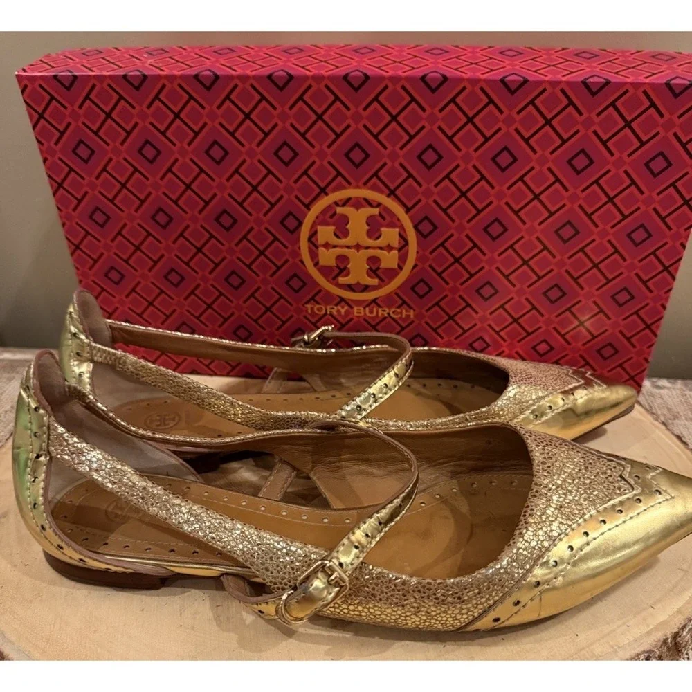 Tory Burch Bernadette 9M metallic Gold leather Mary Jane pointed-toe flats 358$ - Picture 7 of 14